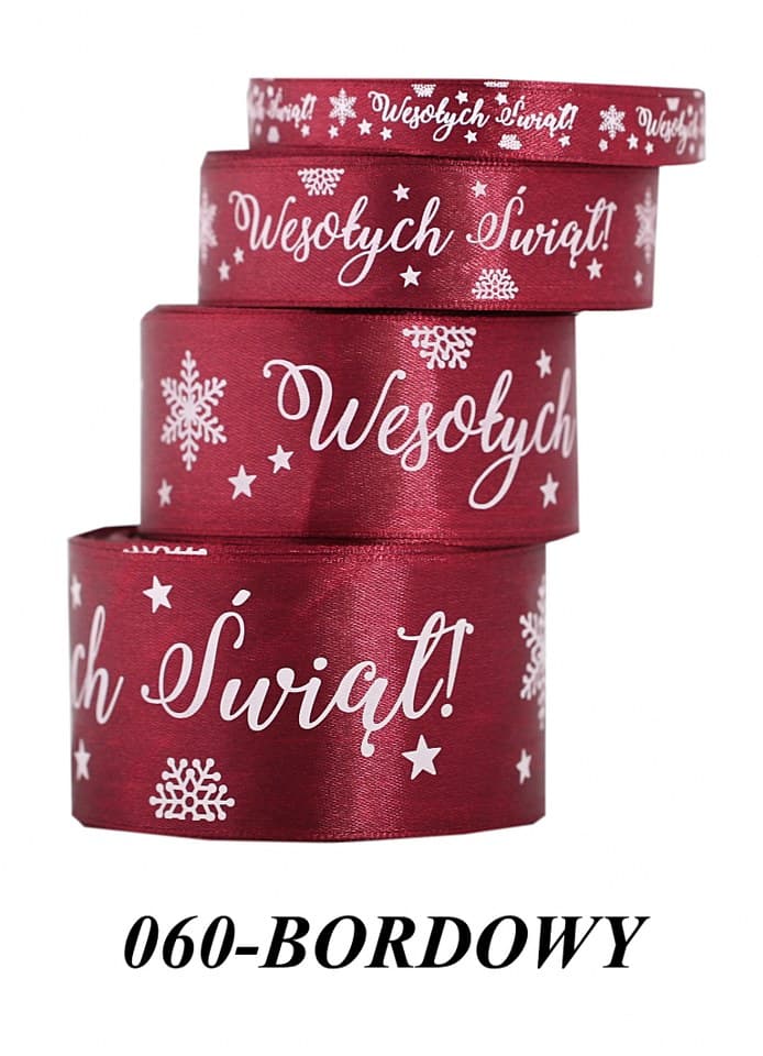 Wstążka satyna Wesołych Świąt 25mm/22mb, bordowa 