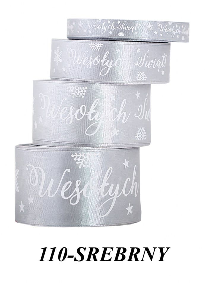 Wstążka satyna Wesołych Świąt 25mm/22mb, srebrna