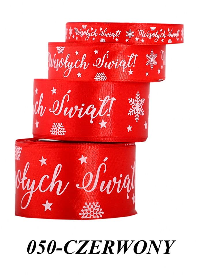 Wstążka satyna Wesołych Świąt 50mm/22mb, czerwona