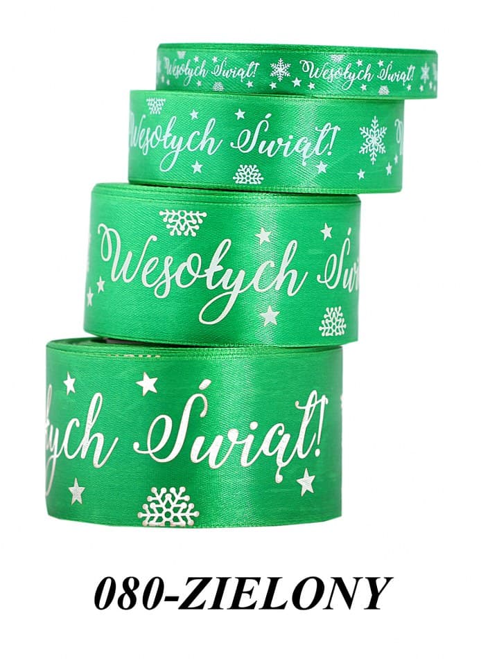 Wstążka satyna Wesołych Świąt 50mm/22mb, zielona