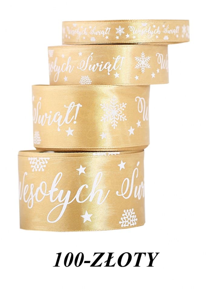 Wstążka satyna Wesołych Świąt 50mm/22mb, złota