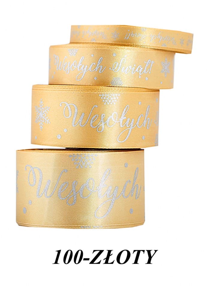 Wstążka Wesołych Świąt metal 12mm/22mb, złota