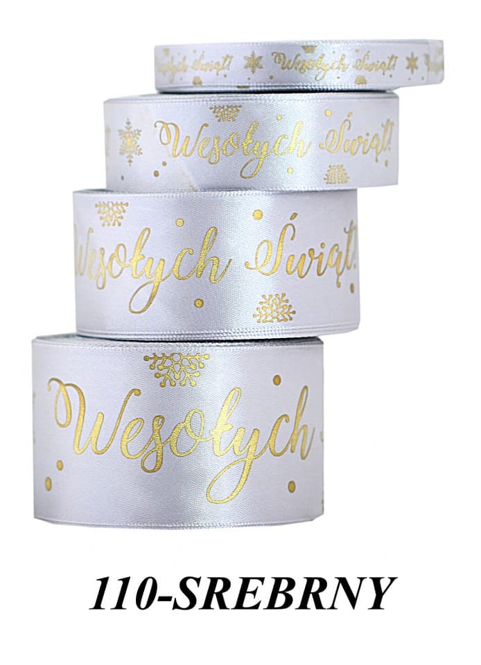 Wstążka Wesołych Świąt metal 25mm/22mb, srebrna