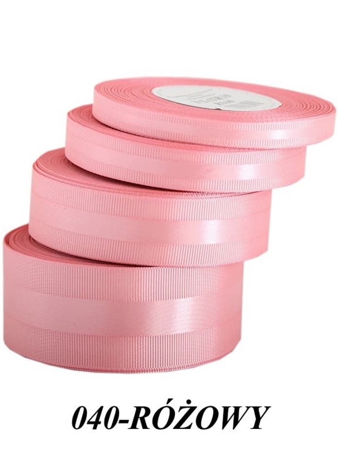 Wstążka z paskiem satyna/ryps,38mm/20y, różowa