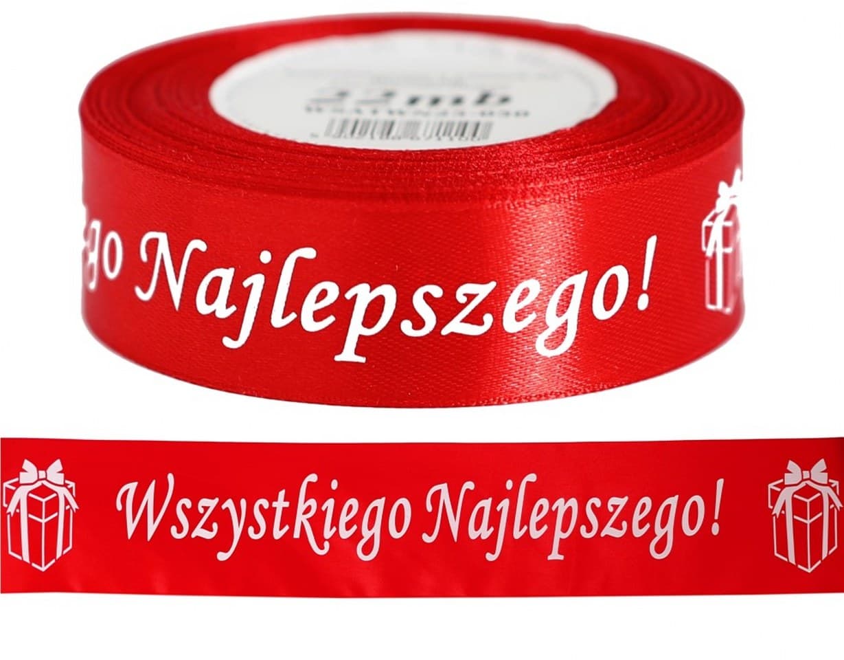 Wstążka satyna Sto Lat, 25mm/22mb, czerwona
