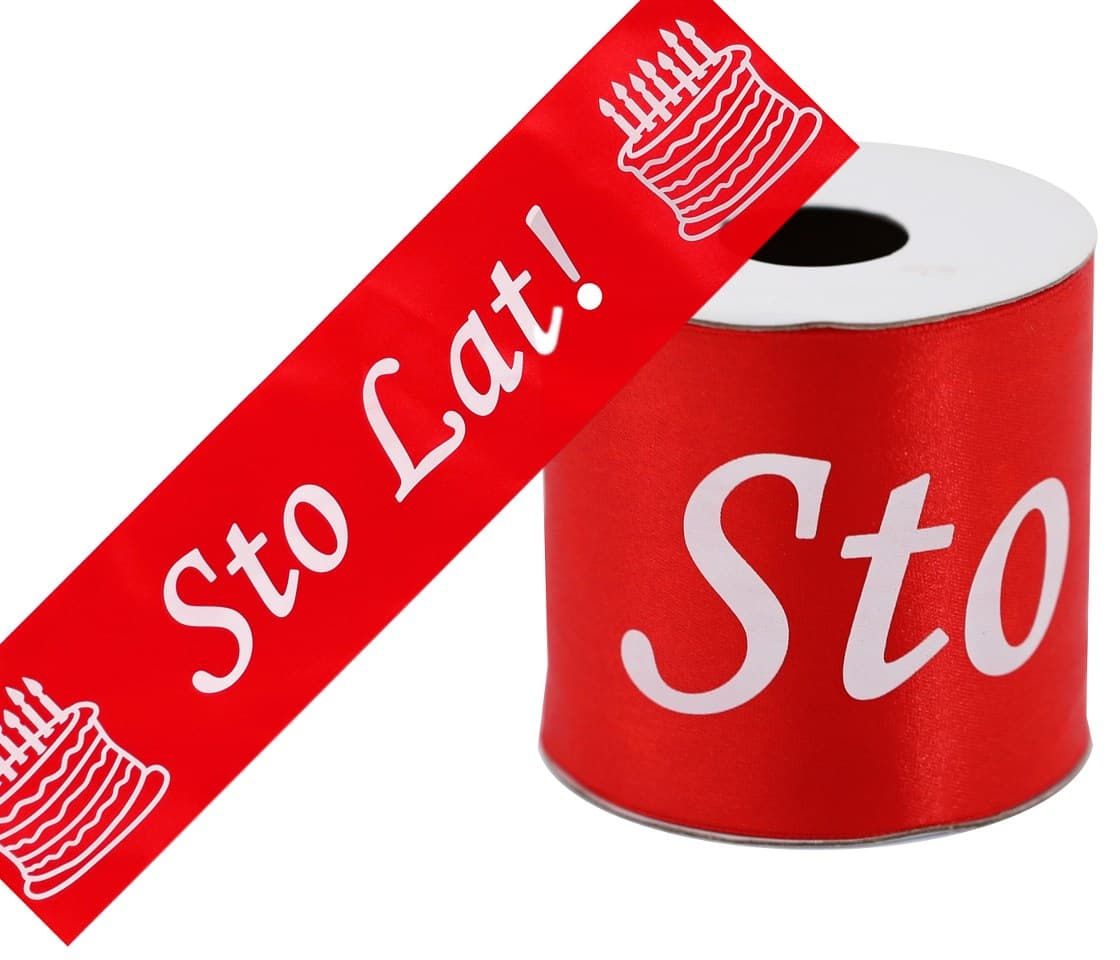 Wstążka satyna Sto Lat, 75mm/10y, czerwona