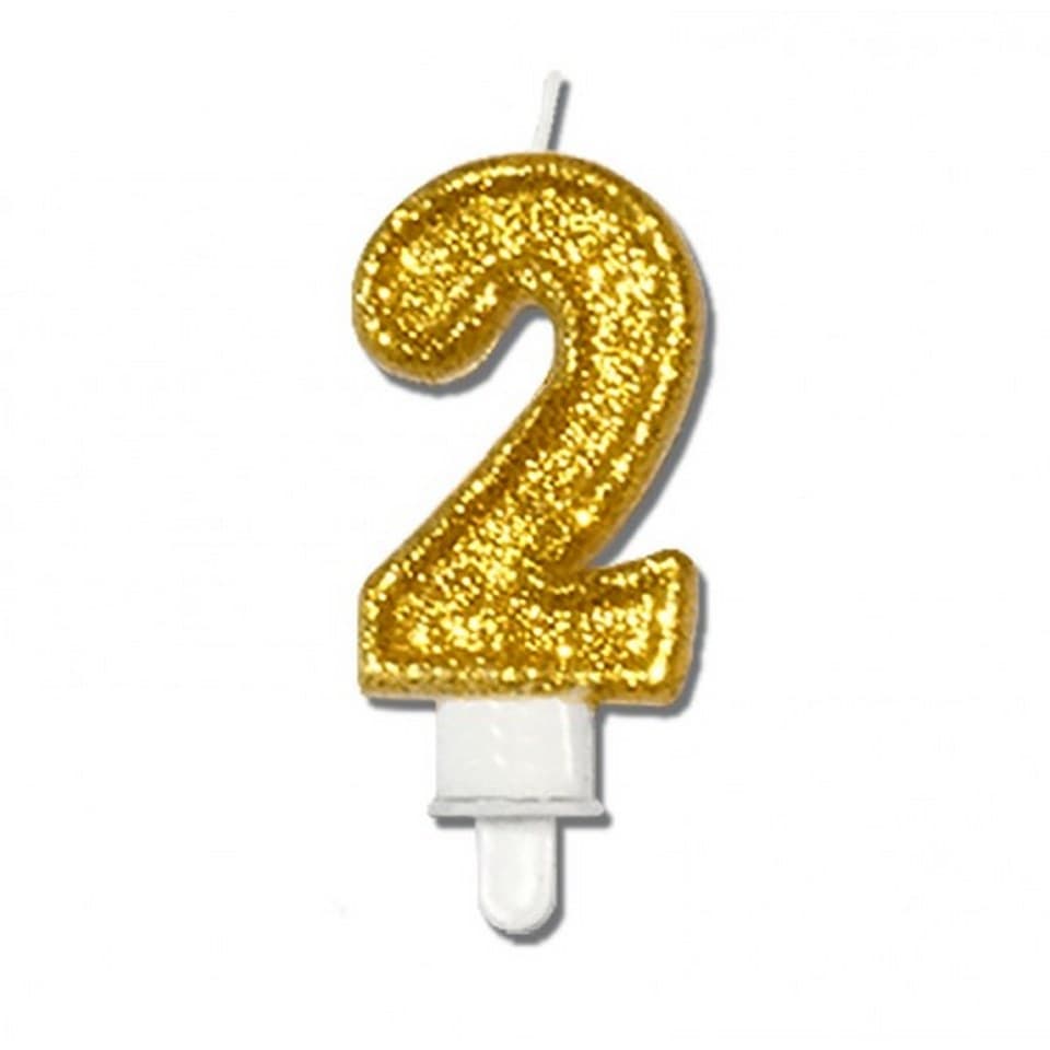 Świeca z brokatem na urodziny, wys. 8cm, cyfra 2