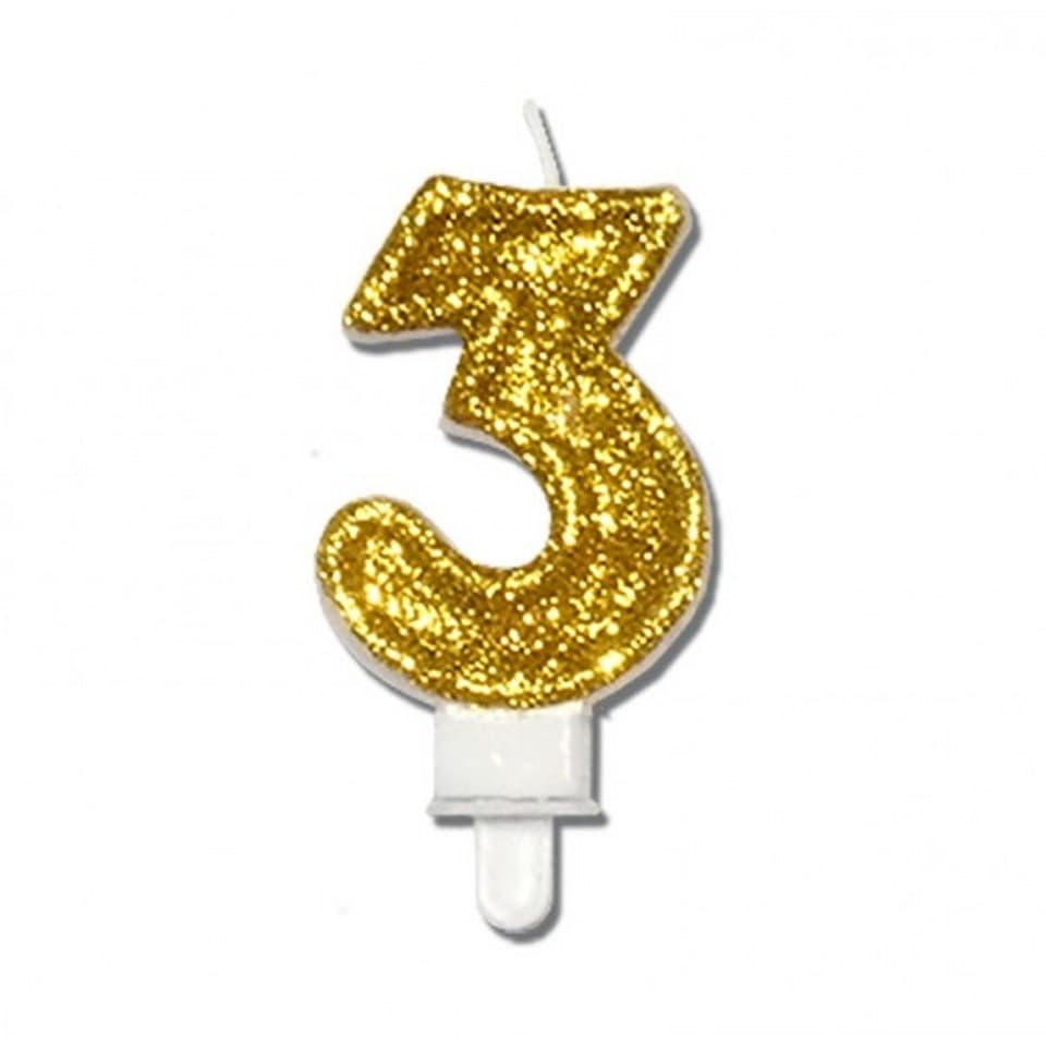 Świeca z brokatem na urodziny, wys. 8cm, cyfra 3