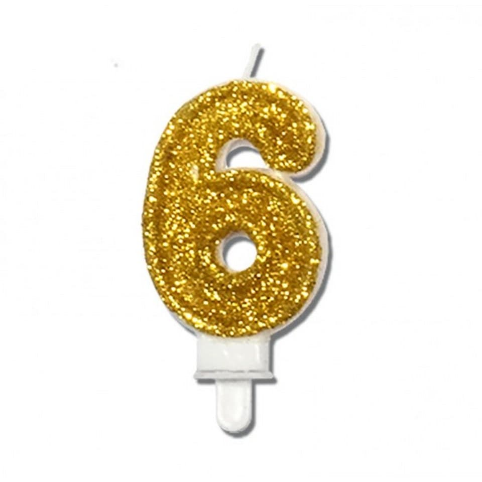 Świeca z brokatem na urodziny, wys. 8cm, cyfra 6