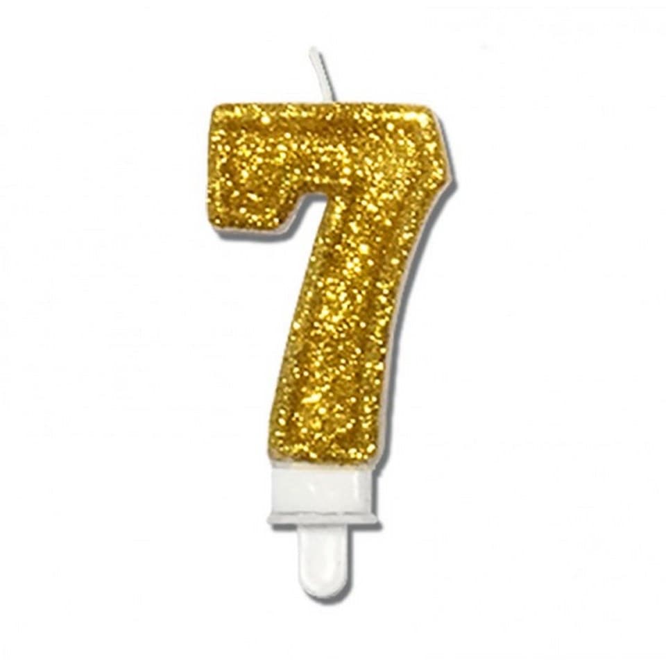 Świeca z brokatem na urodziny, wys. 8cm, cyfra 7