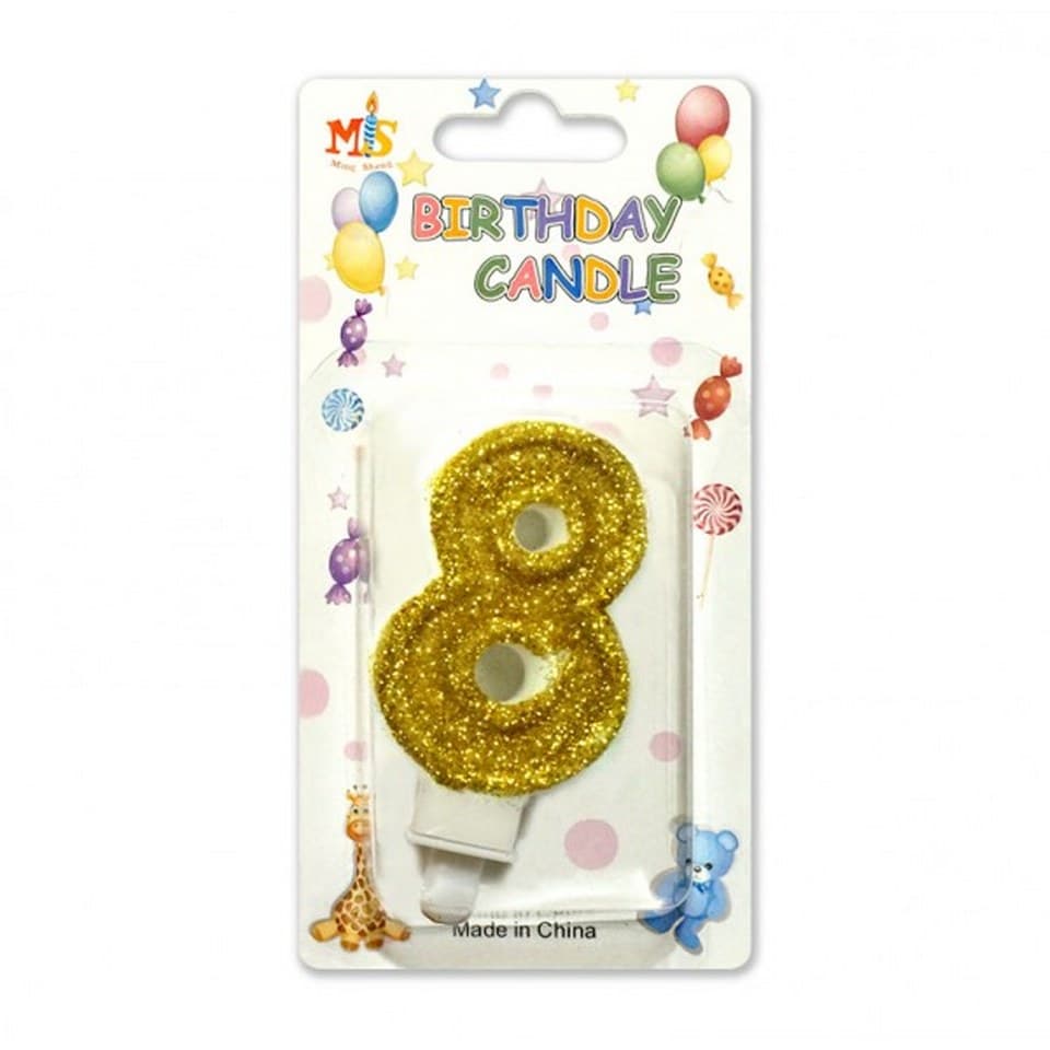 Świeca z brokatem na urodziny, wys. 8cm, cyfra 8