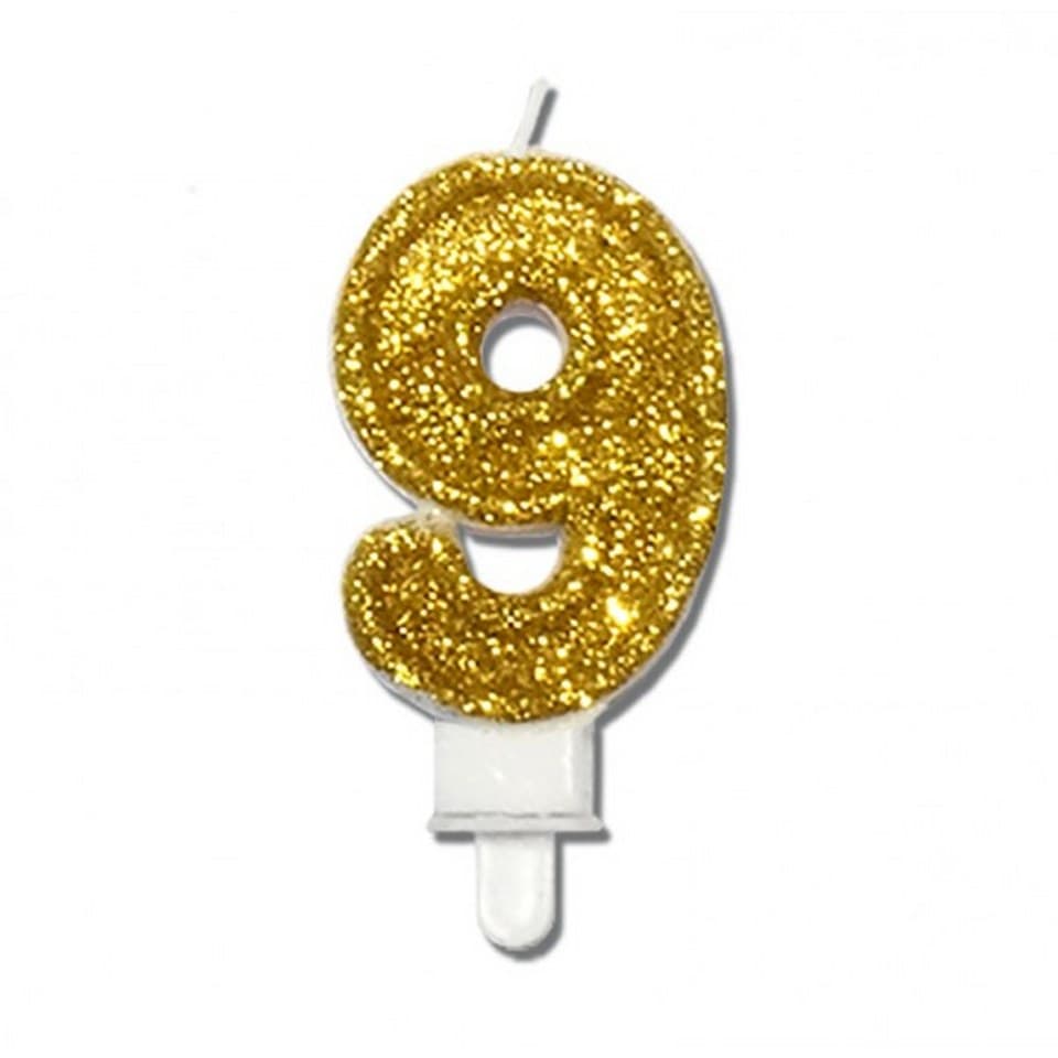 Świeca z brokatem na urodziny, wys. 8cm, cyfra 9