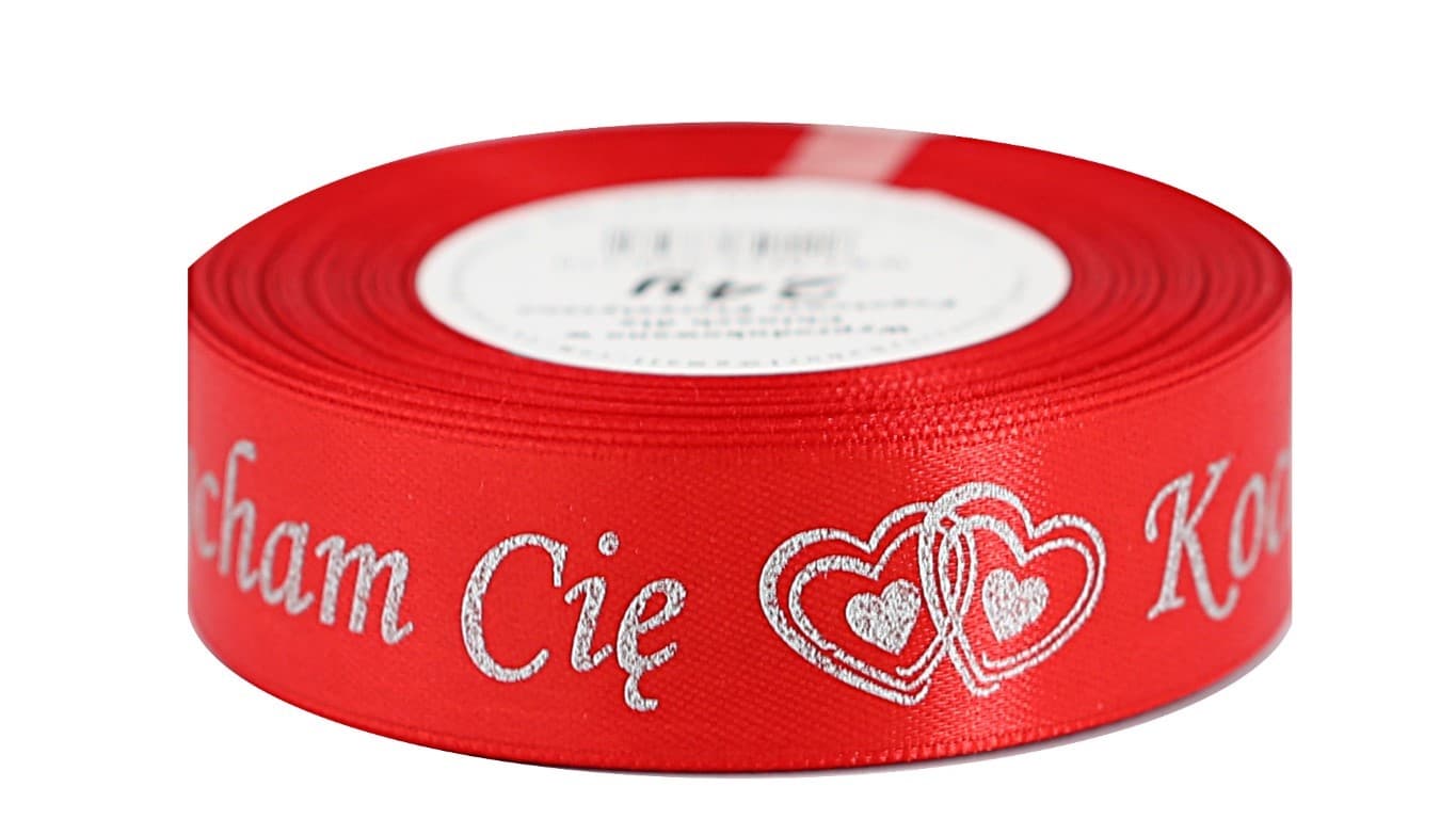 Wstążka Kocham Cię metal 25mm/22mb czerwona/srebro