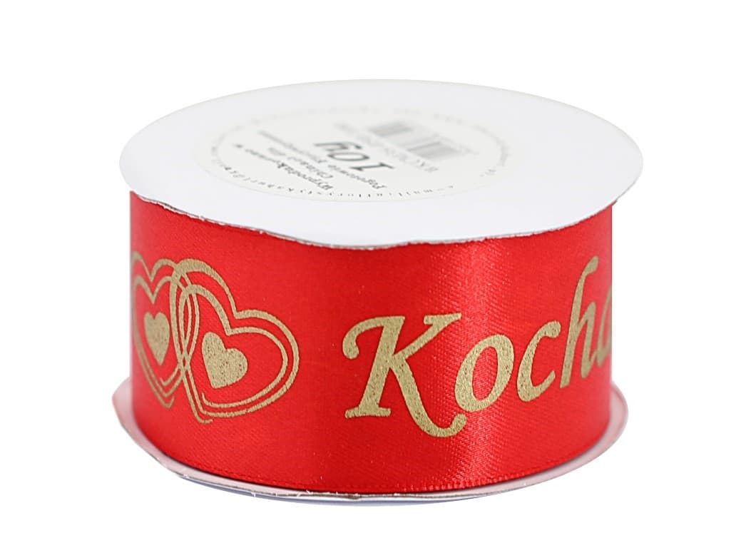 Wstążka Kocham Cię metal, 38mm/9mb czerwona/złoto