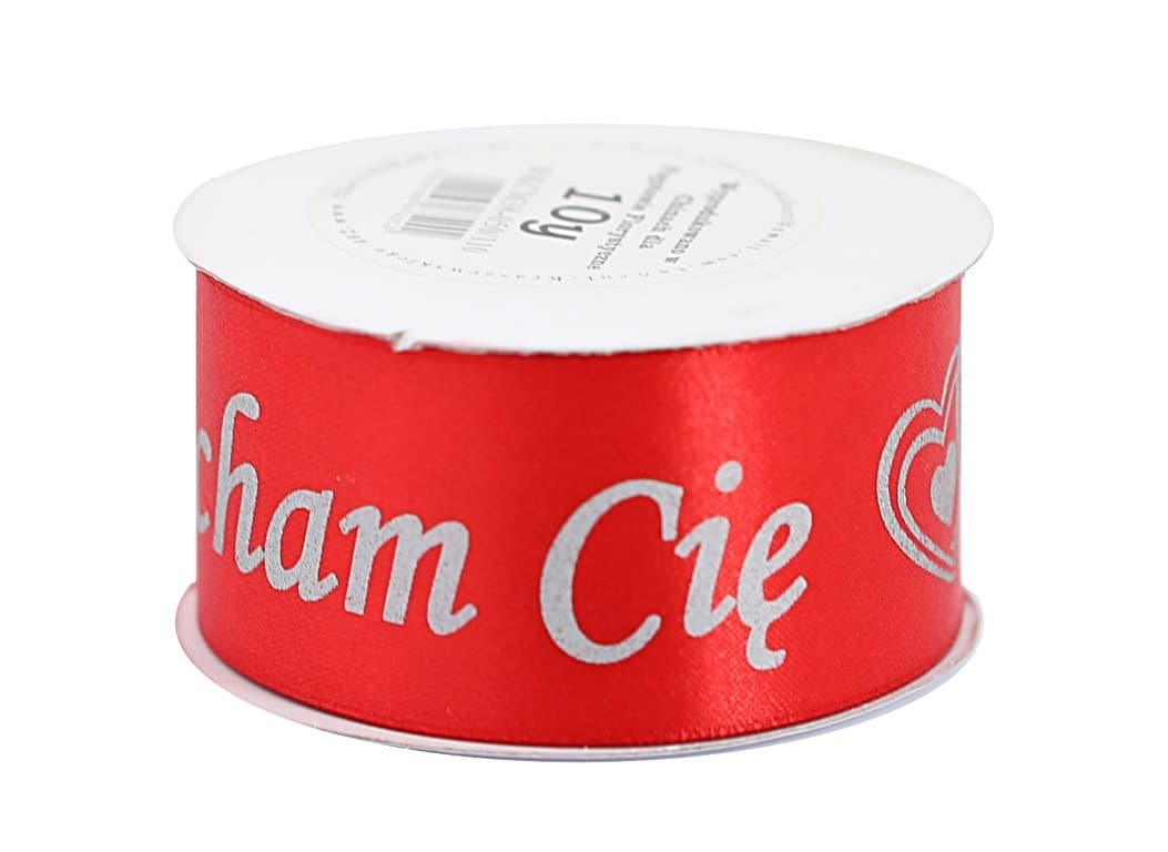 Wstążka Kocham Cię metal, 38mm/9mb czerwona/srebro
