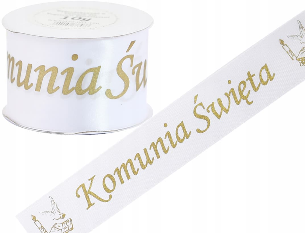 Wstążka Komunia Św. metal, 50mm/9mb biała/złoto