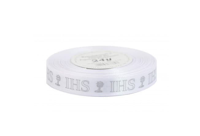 Wstążka satynowa IHS metal, 15mm/22mb biała/srebro