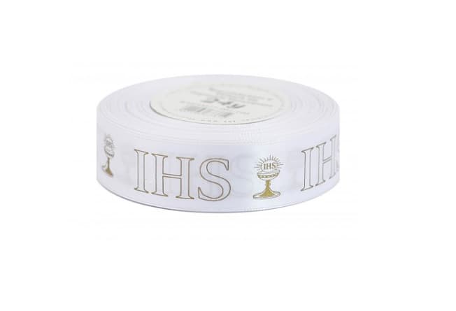 Wstążka satynowa IHS metal, 25mm/22mb biała/złoto