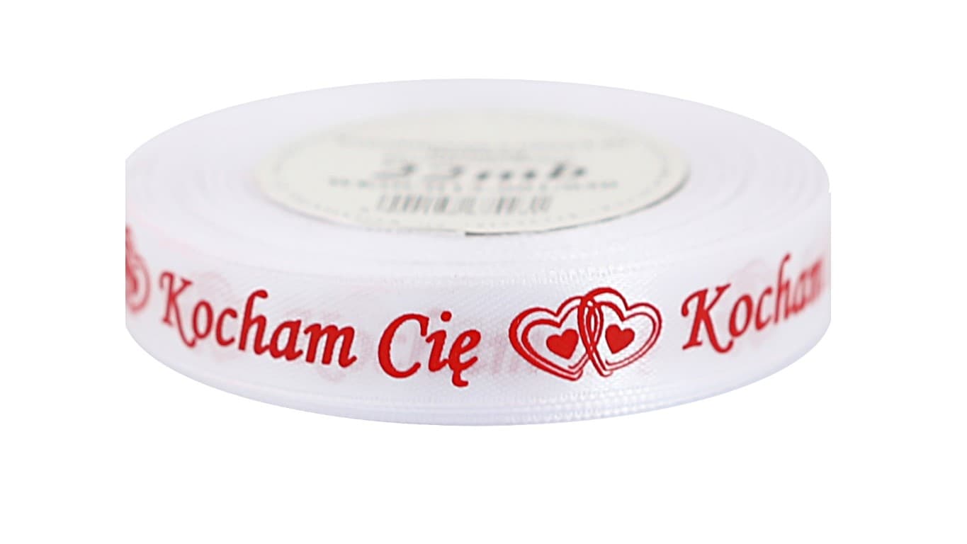 Wstążka Kocham Cię 15mm/22mb, biała/czerwona