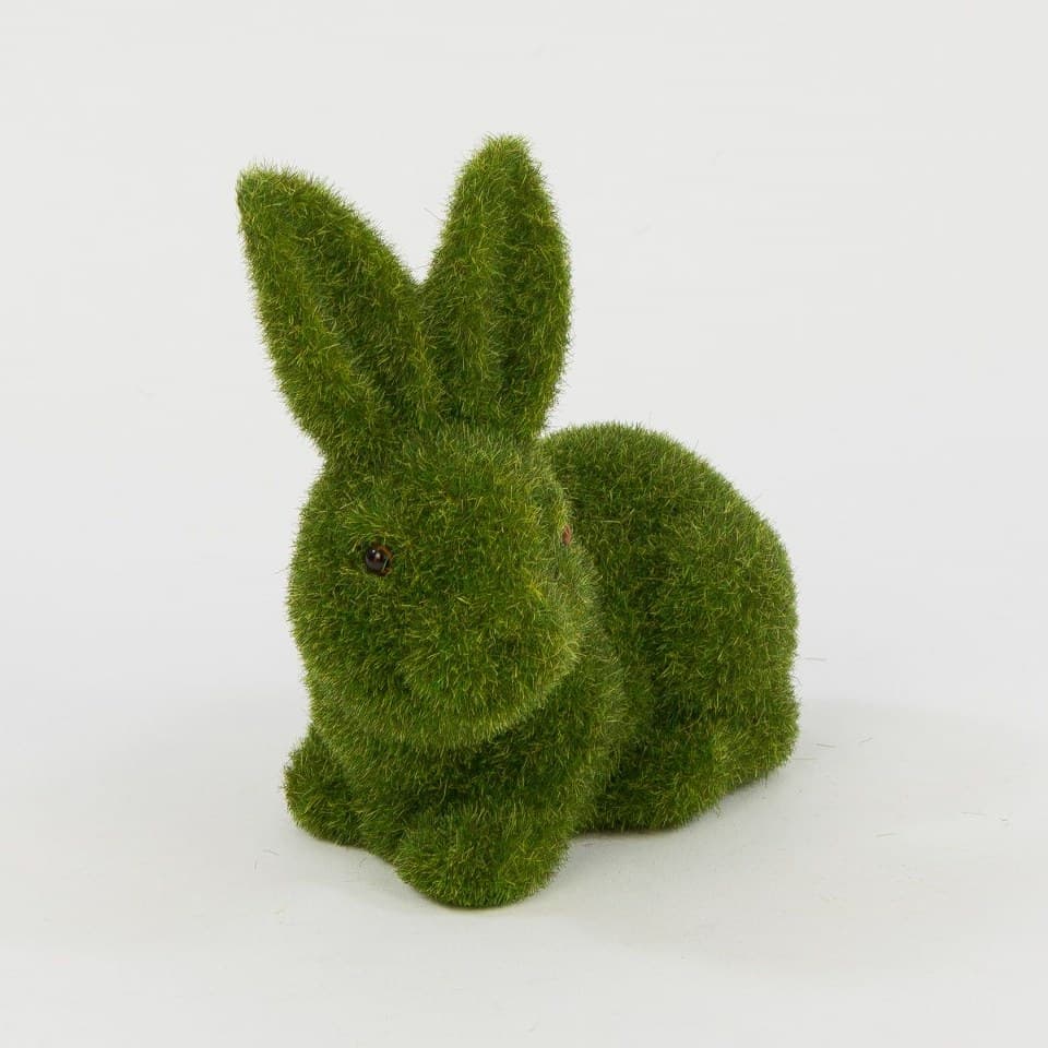 Zając siedzący flokowany zielony, 7x15x17cm