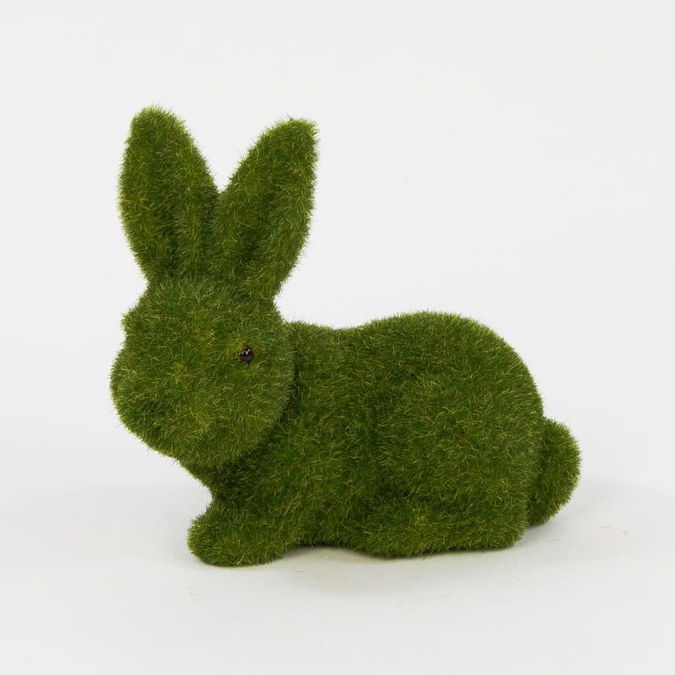 Zając siedzący flokowany zielony, 7x15x17cm