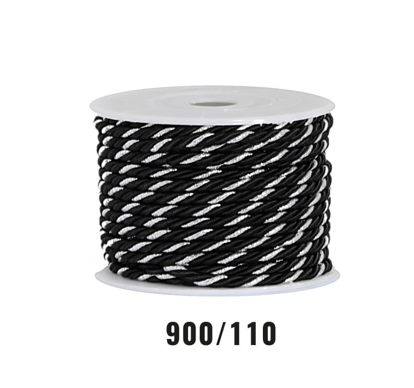 Sznur atłasowy skręcany, 3mm/10y, czarny/srebrny