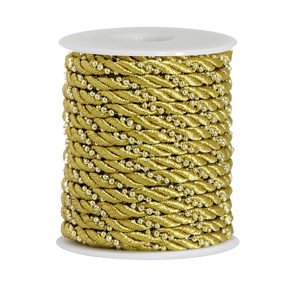 Sznur atłasowy z perełkami, 5mm/10y, złoty/złoty