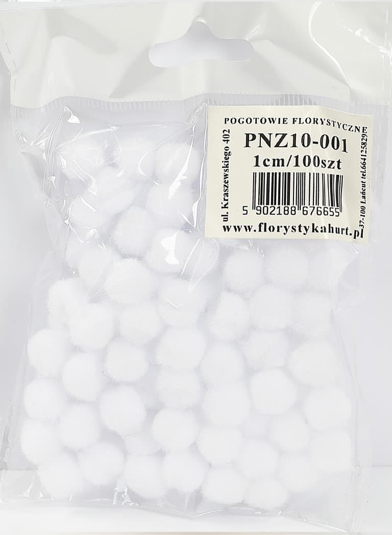 Pompony miękkie, śr. 1cm/100szt, białe