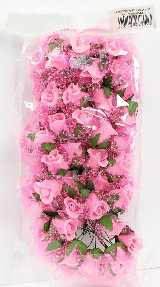 Piankowe kwiaty z tiulem, śr.1,5cm/6x10szt, różowe