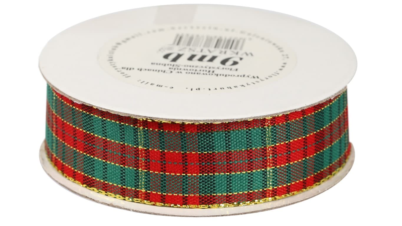 Wstążka w szkocką kratkę, 25mm/9mb, złocona