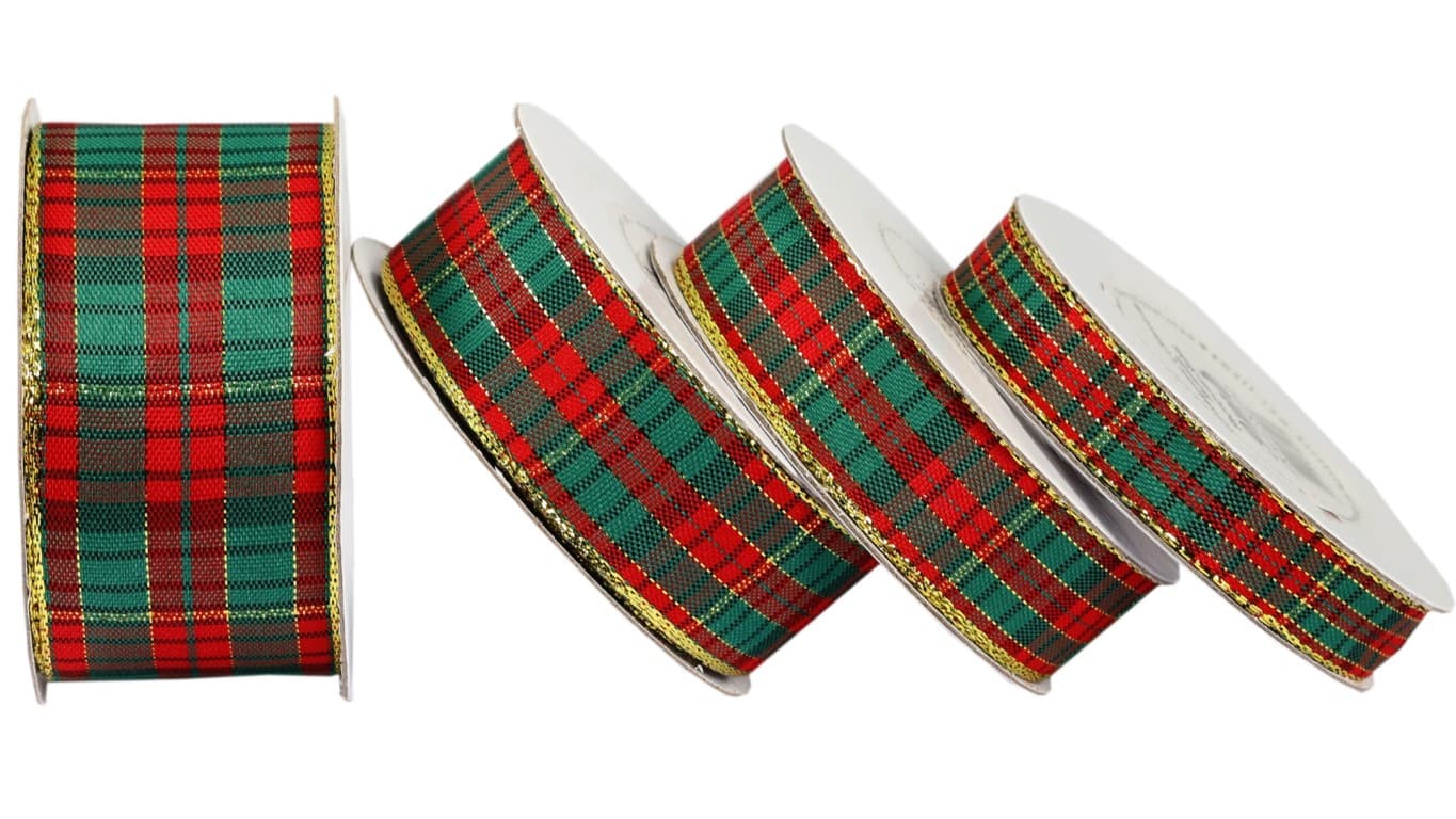 Wstążka w szkocką kratkę, 25mm/9mb, złocona