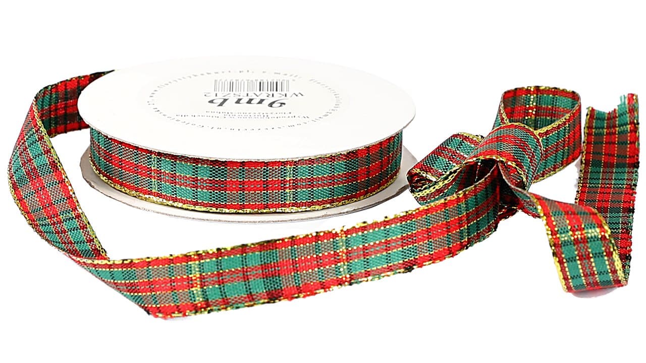 Wstążka  w szkocką kratkę, 12mm/9mb, złocona