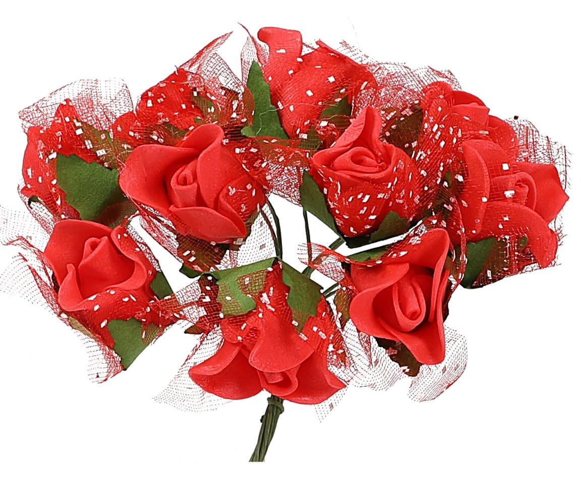 Piankowe kwiaty z tiulem, śr.1,5cm/10szt, czerwone