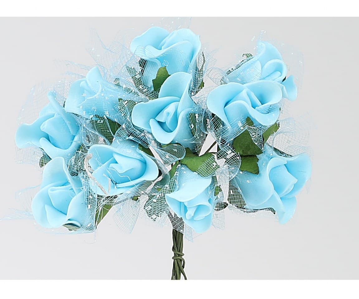 Piankowe kwiaty z tiulem, śr.1,5cm/10szt, błękitne