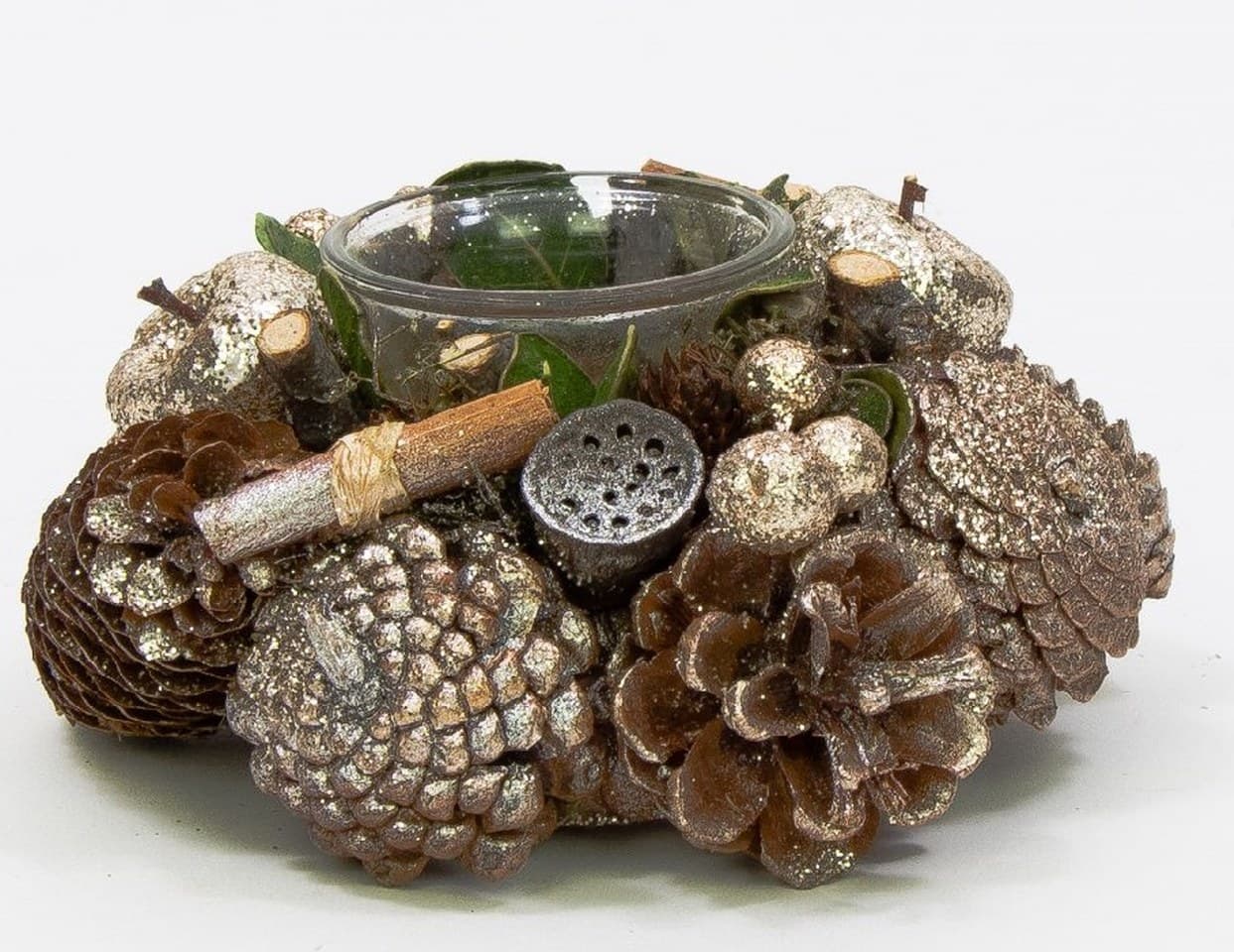 Świecznik z szyszkami z brokatem, wys.7cm śr.17cm