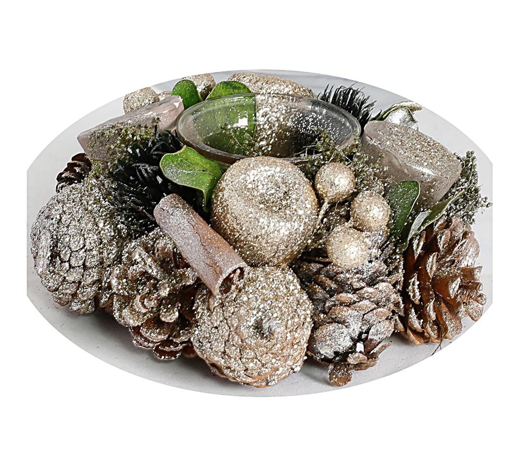 Świecznik z szyszkami z brokatem, wys.7cm śr.17cm