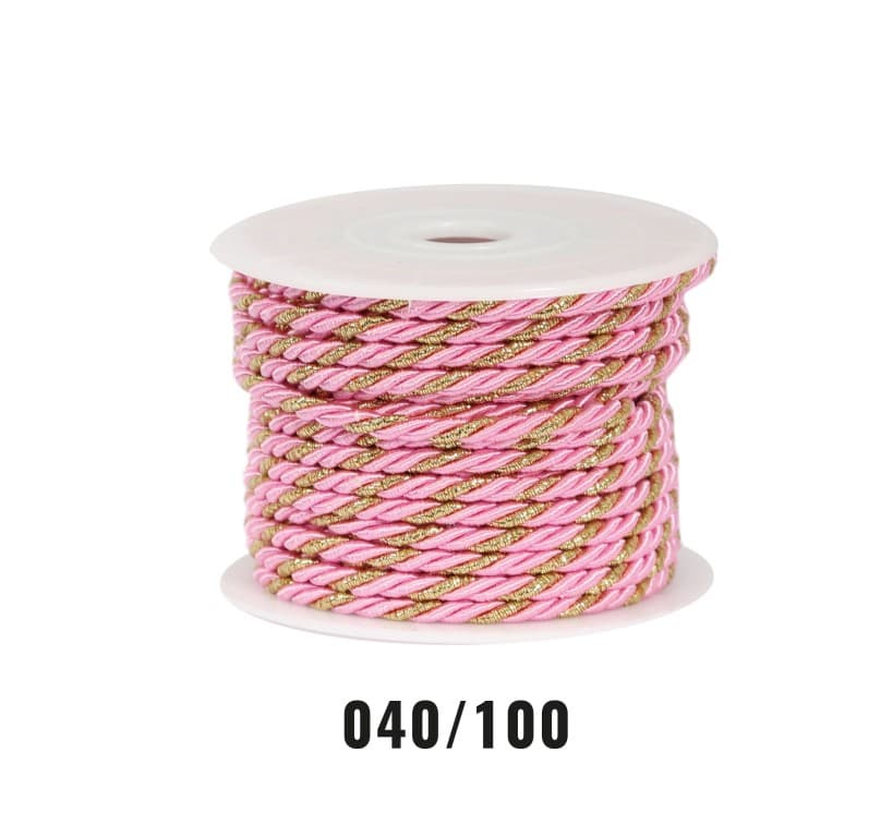 Sznur atłasowy skręcany, 3mm/10y, różowy/złoty
