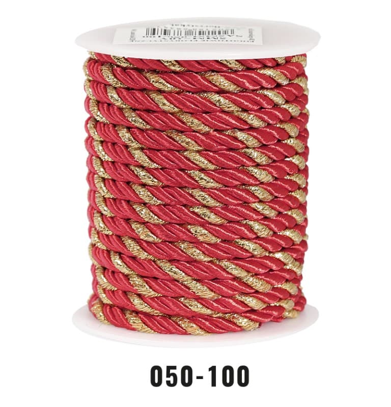 Sznur atłasowy skręcany, 5mm/10y, czerwony/złoy