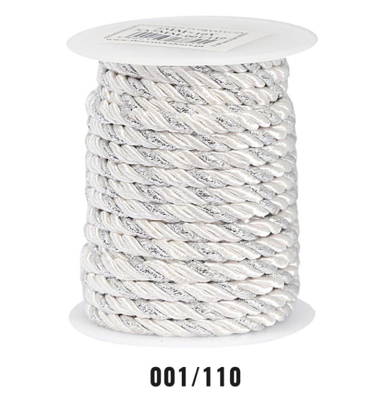 Sznur atłasowy skręcany, 5mm/10y, biały/srebrny