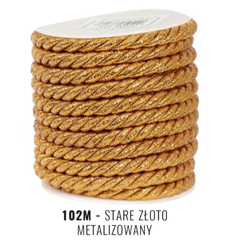 Sznur atłasowy metalizowany, 6mm/10y,stare złoto