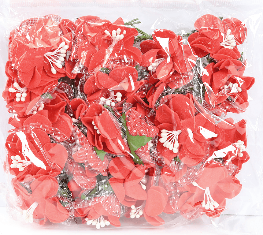 Piankowe kwiaty z pręcikami śr.4cm/6x6szt czerwone