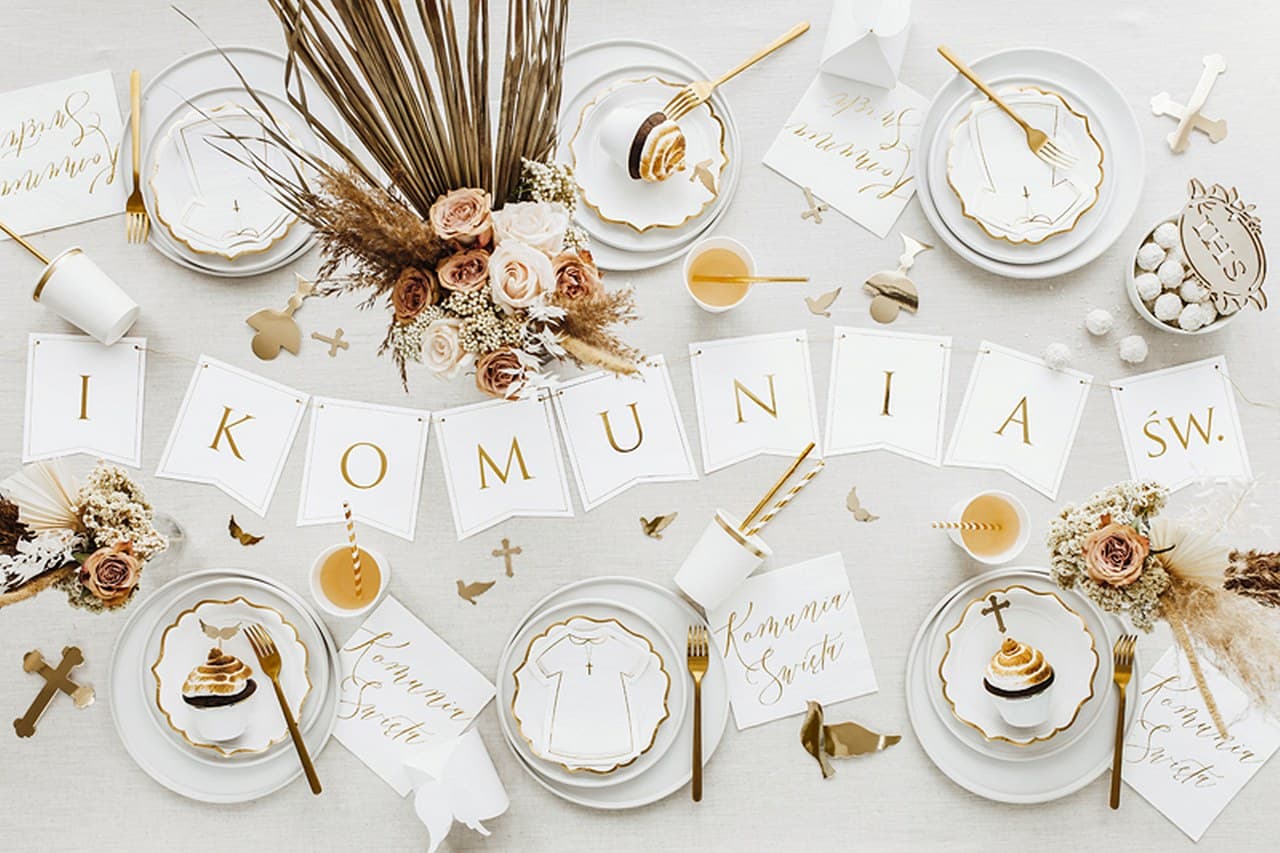 Baner I Komunia Św. BIAŁY ZE ZŁOTYM 15x133cm