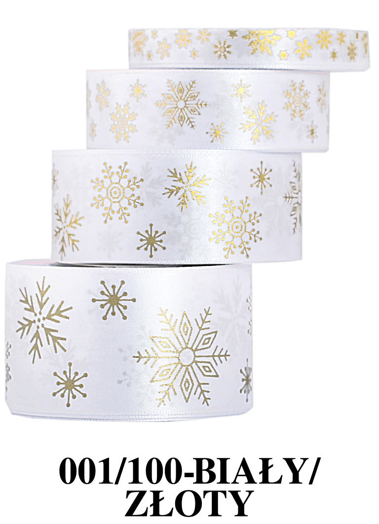 Wstążka w śnieżynki metalizowane 38mm/9mb b/złota