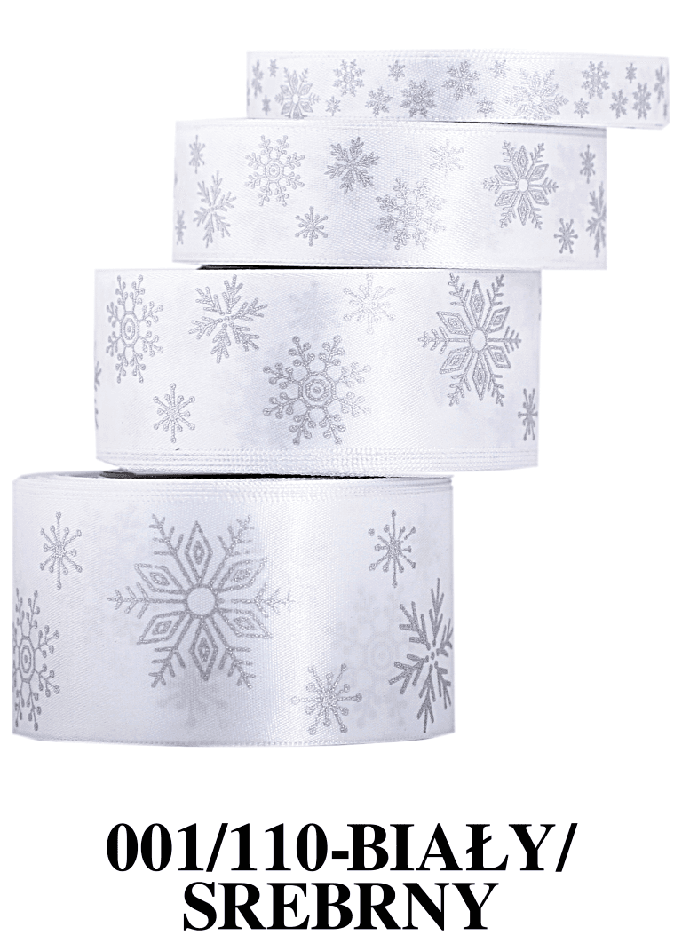 Wstążka w śnieżynki metalizowane 38mm/9mb b/srebro