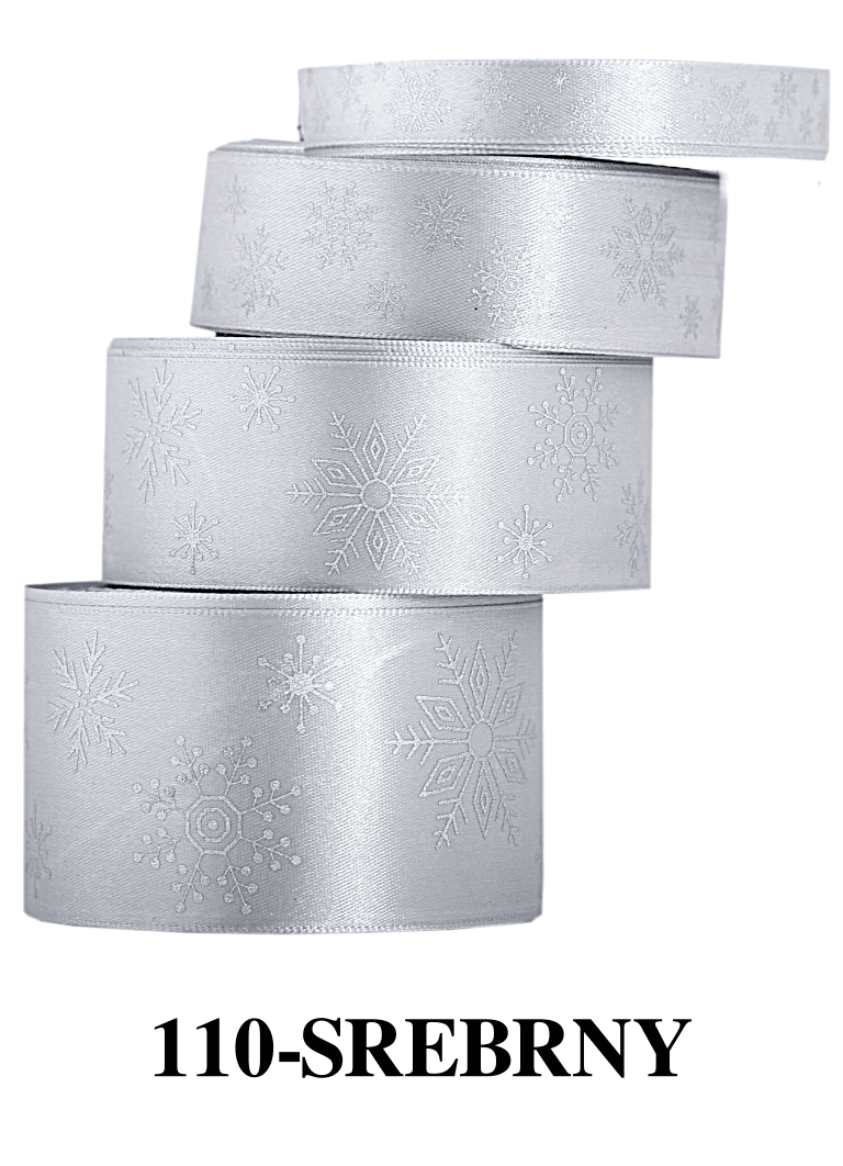Wstążka w śnieżynki metalizowane 38mm/9mb, srebrna