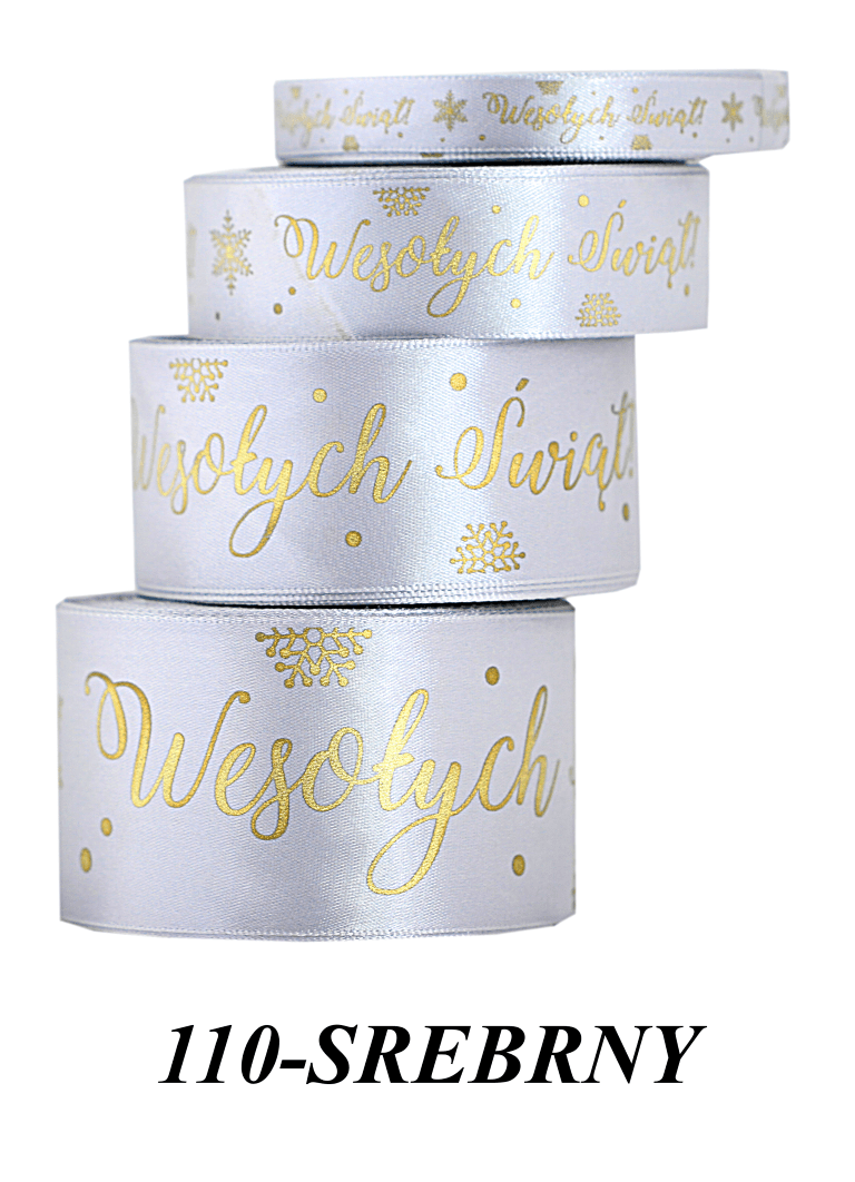 Wstążka Wesołych Świąt metal 50mm/9mb, srebrna