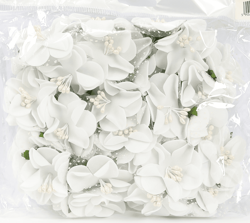 Piankowe kwiaty z pręcikami, śr.4cm/6szt, białe