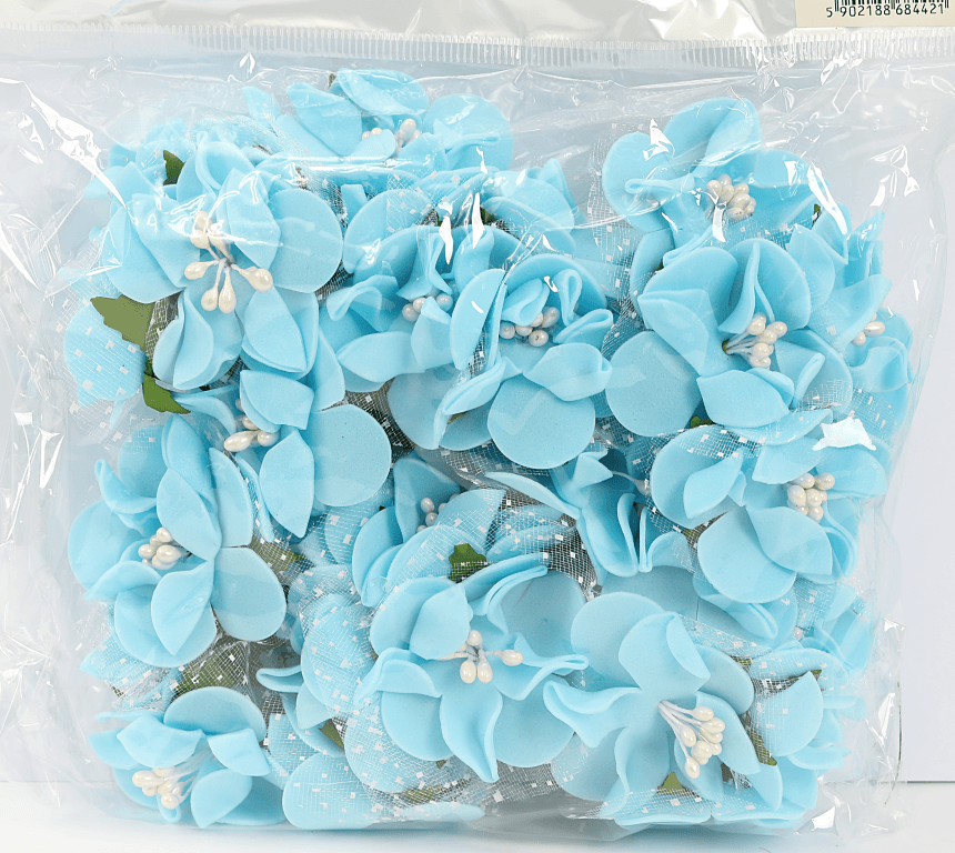 Piankowe kwiaty z pręcikami, śr.4cm/6szt, błękitne