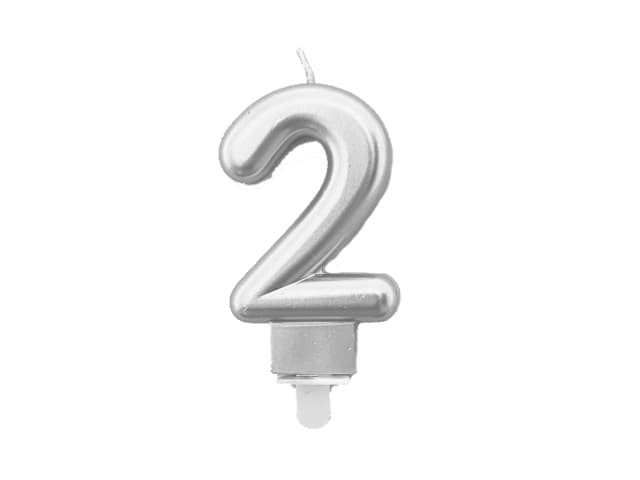 Świeca metaliczna srebro na urodziny, 8cm, cyfra 2