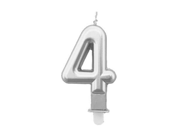 Świeca metaliczna srebro na urodziny, 8cm, cyfra 4